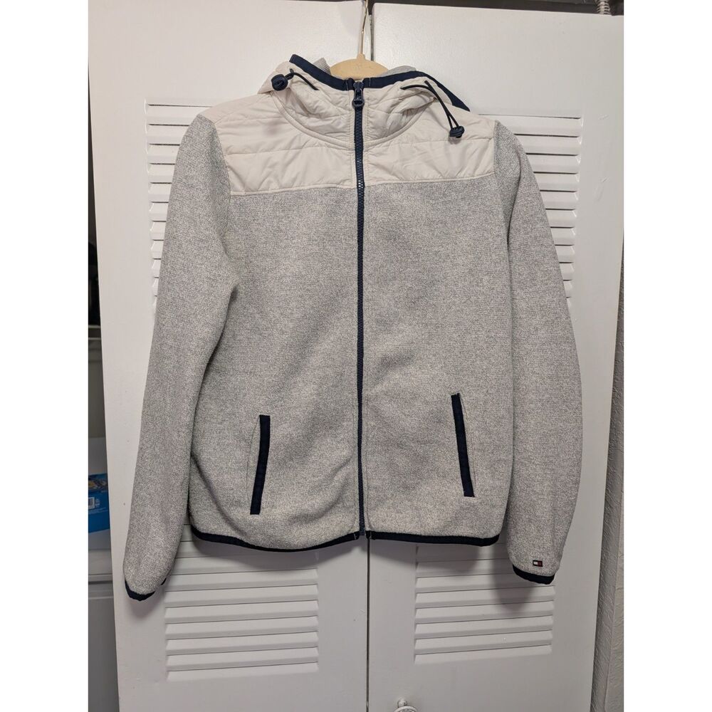 Tommy Hilfiger Men’s Medium Gray Knit Zip-Up Hooded Jacket | Puffer Panel